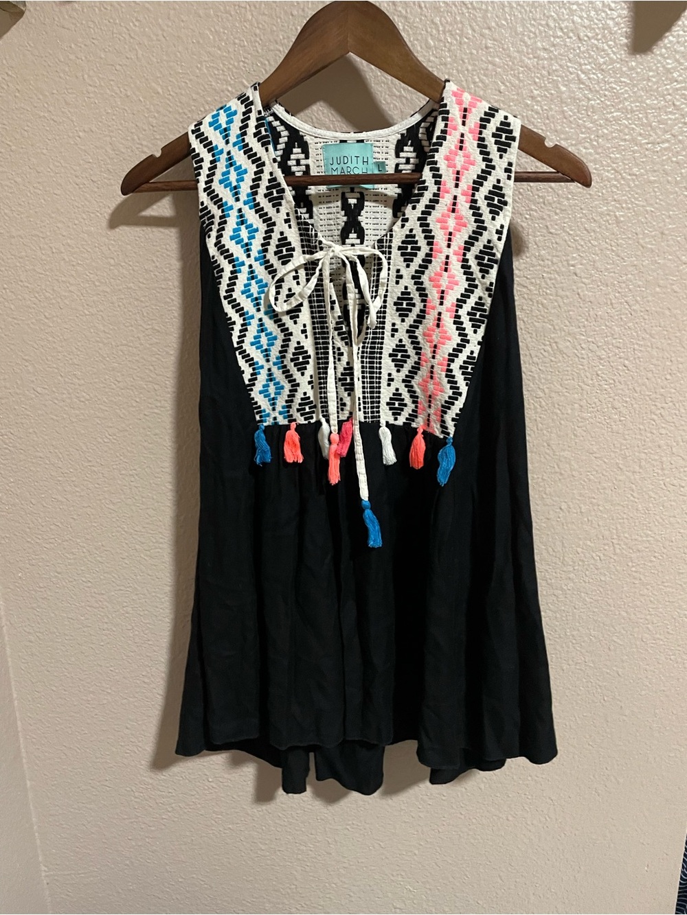 Judith March Black Tunic with Ivory Embroidered Bib and Blue & Coral Tassels